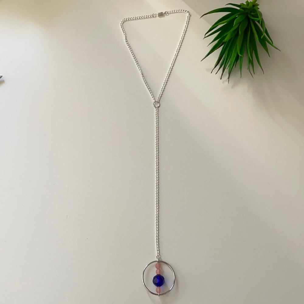 Y style rose quartz gemstone and blue glass necklace